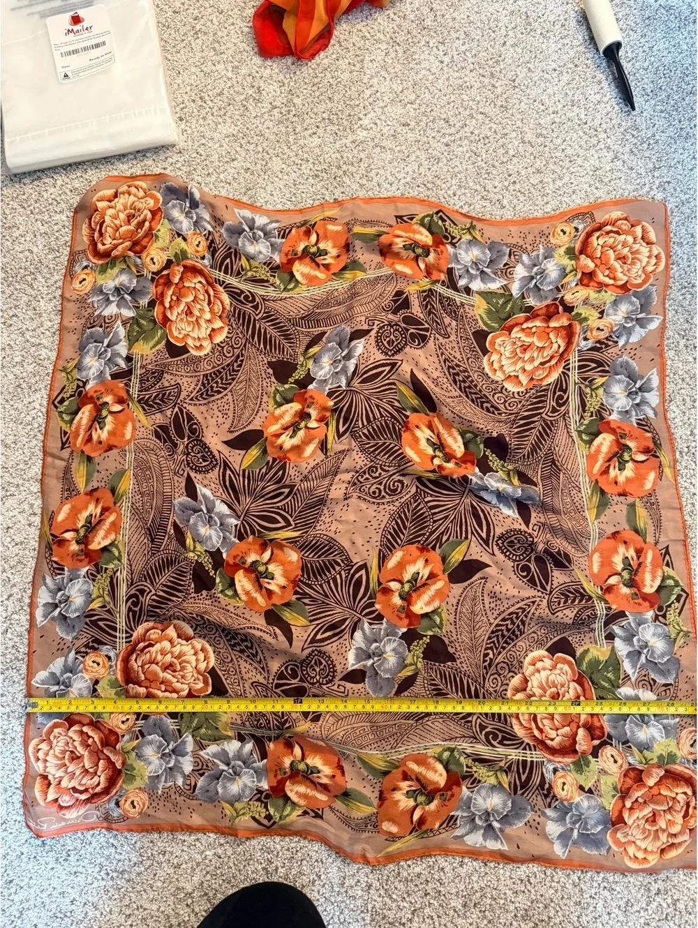Oscar de la Renta Floral Silk Scarf with Orange and Gray Flowers